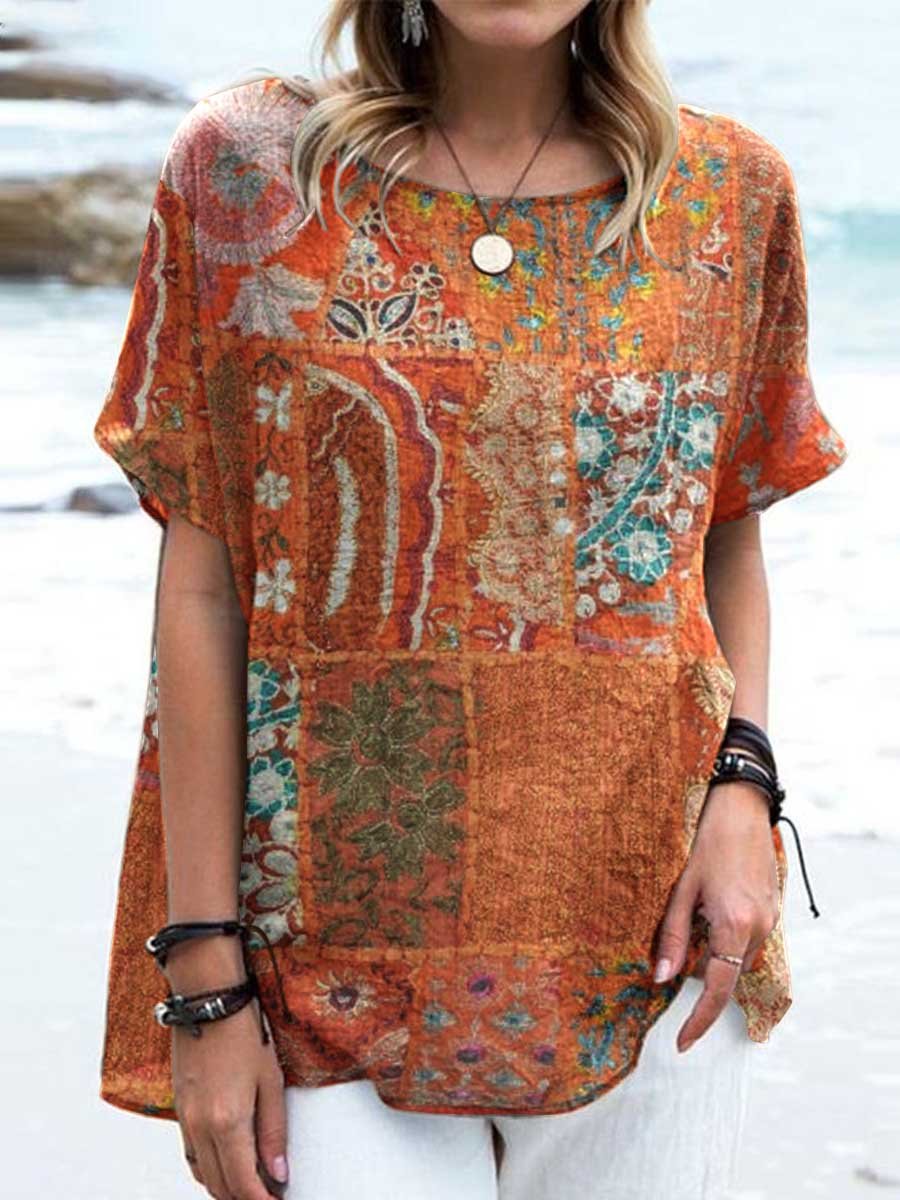 Women's Retro Geometric Pattern Cotton and Linen Crew Neck Top