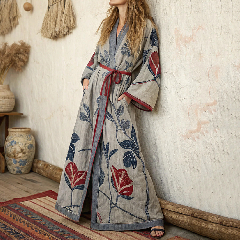 Women's Floral Art Linen V-neck Robe artswardrobe