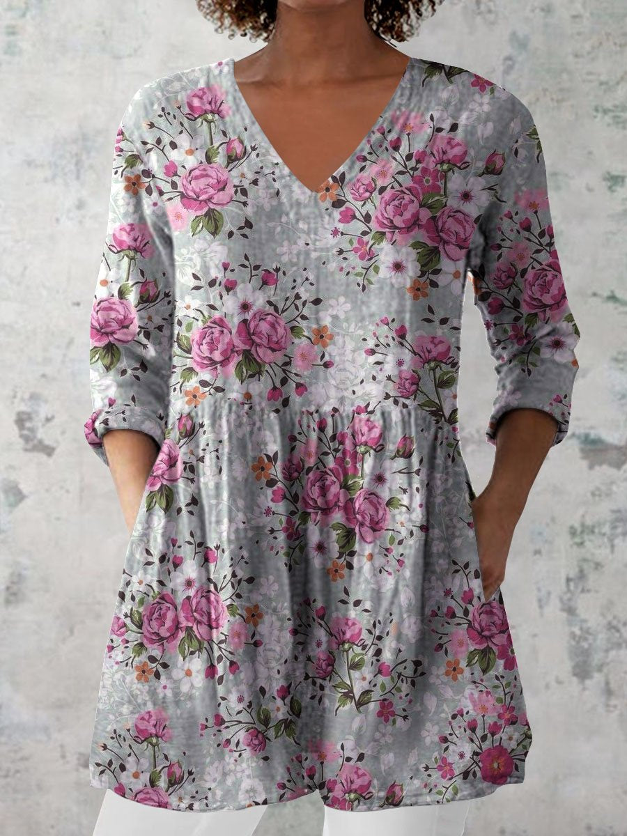 Women's Retro Floral Art Print Casual Cotton And Linen V-neck Top