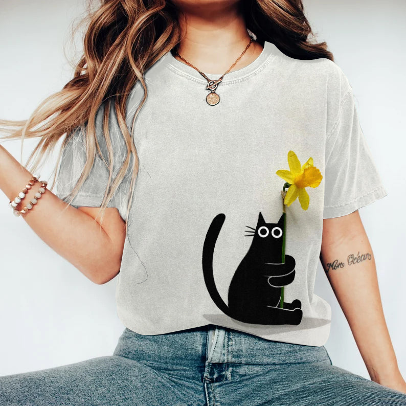 Cozy Floral Art Cute Cat Print Casual Round Neck T-Shirt elevenforest