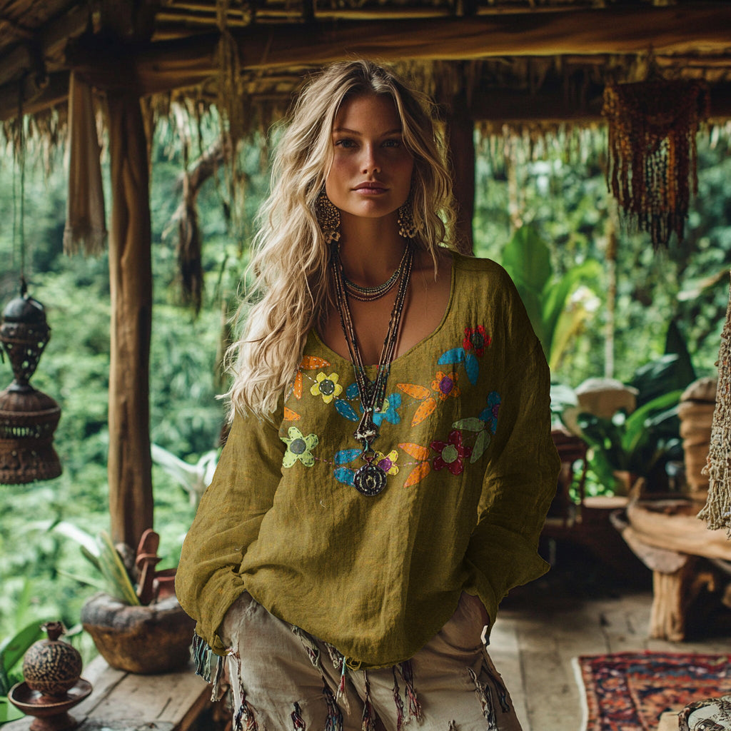 Vintage Floral Art Cotton Linen Casual Shirt artswardrobe