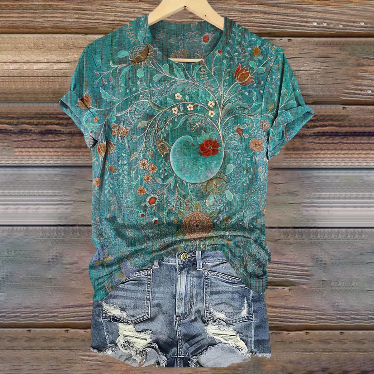 Vintage Floral Art Print Casual Short Sleeve T-shirt