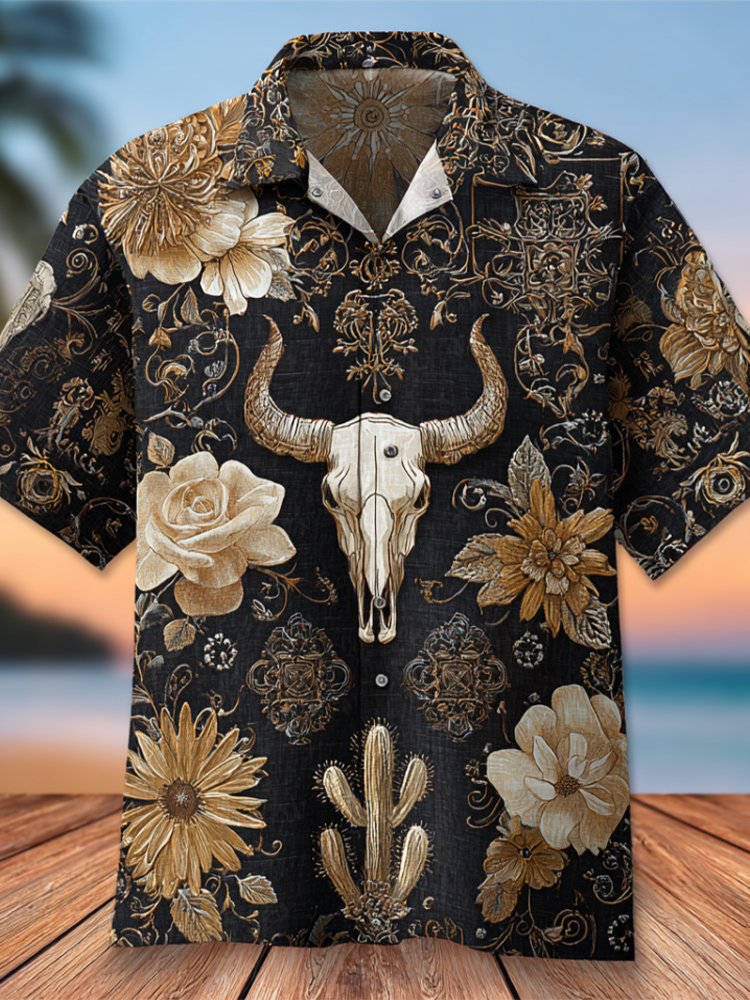 Western Style Retro Cotton And Linen Men's Casual Short-sleeve Shirt With Floral And Animal Elements artswardrobe
