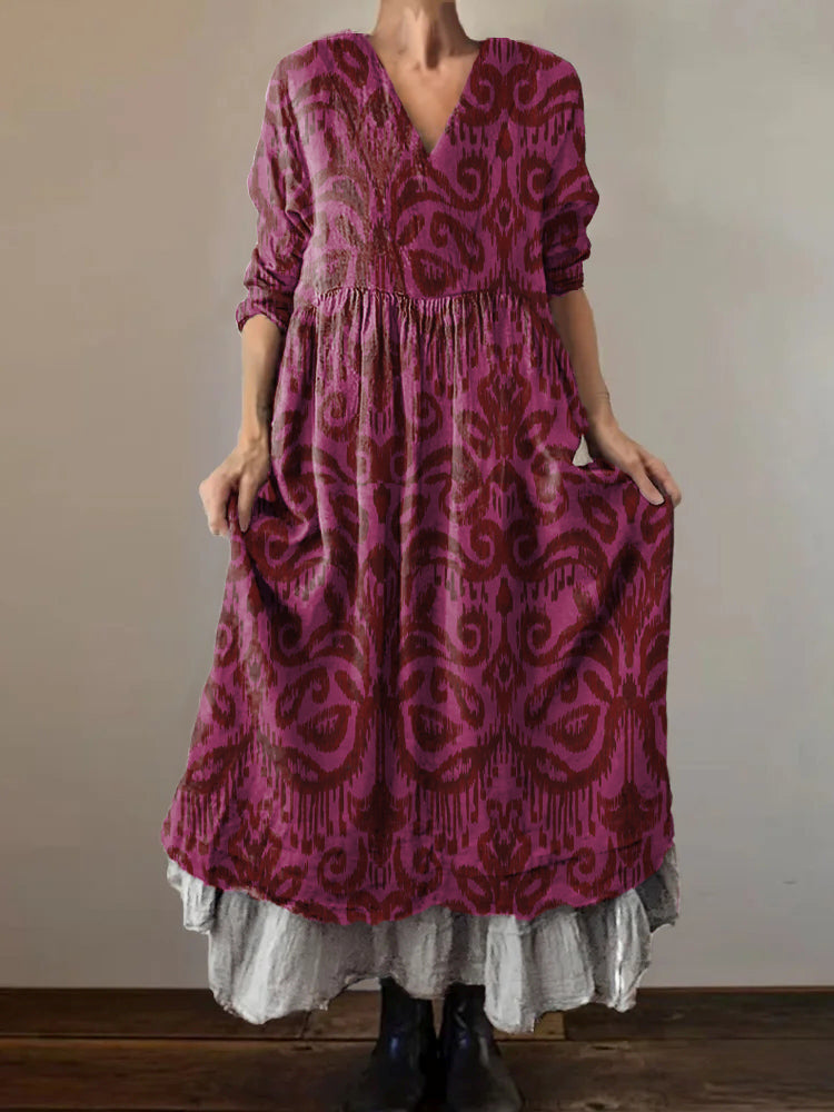 Women's Hippie Art Floral Print V Neck Dress