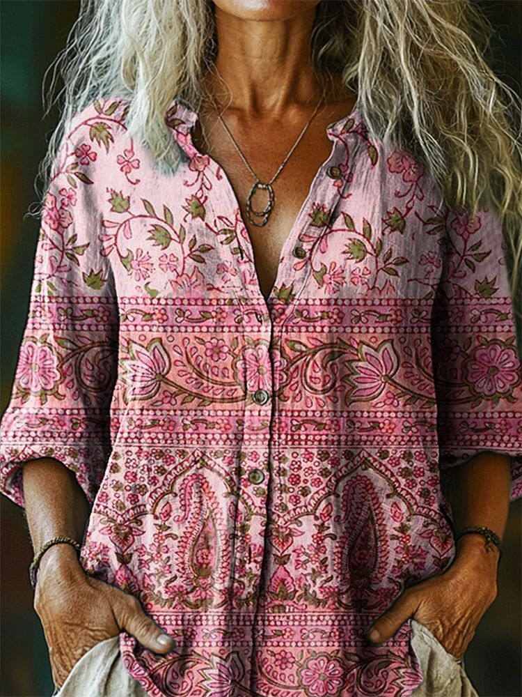 Women's Vintage Ethnic Tattoo Pattern Art Print Linen Cotton Casual Sh