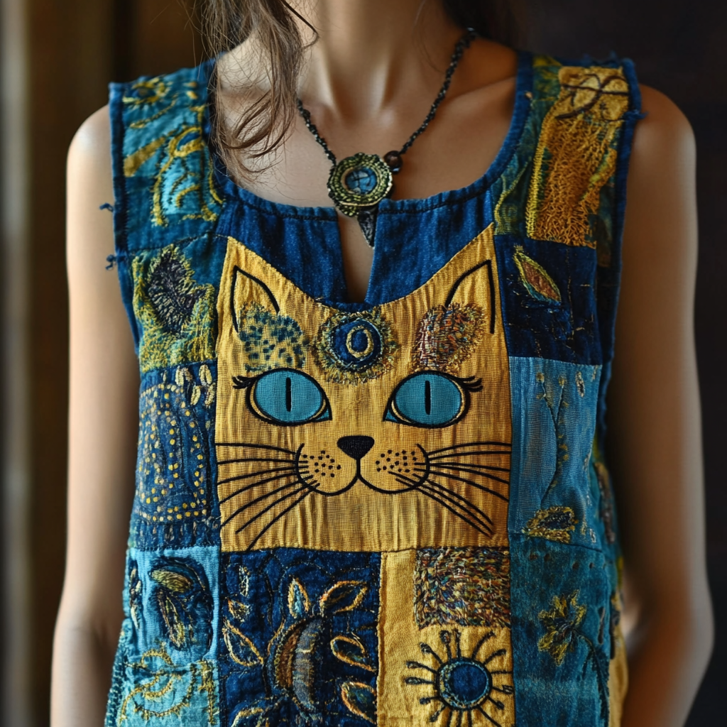 Women's Pop Art Cat Floral Patchwork Linen Top elevenforest