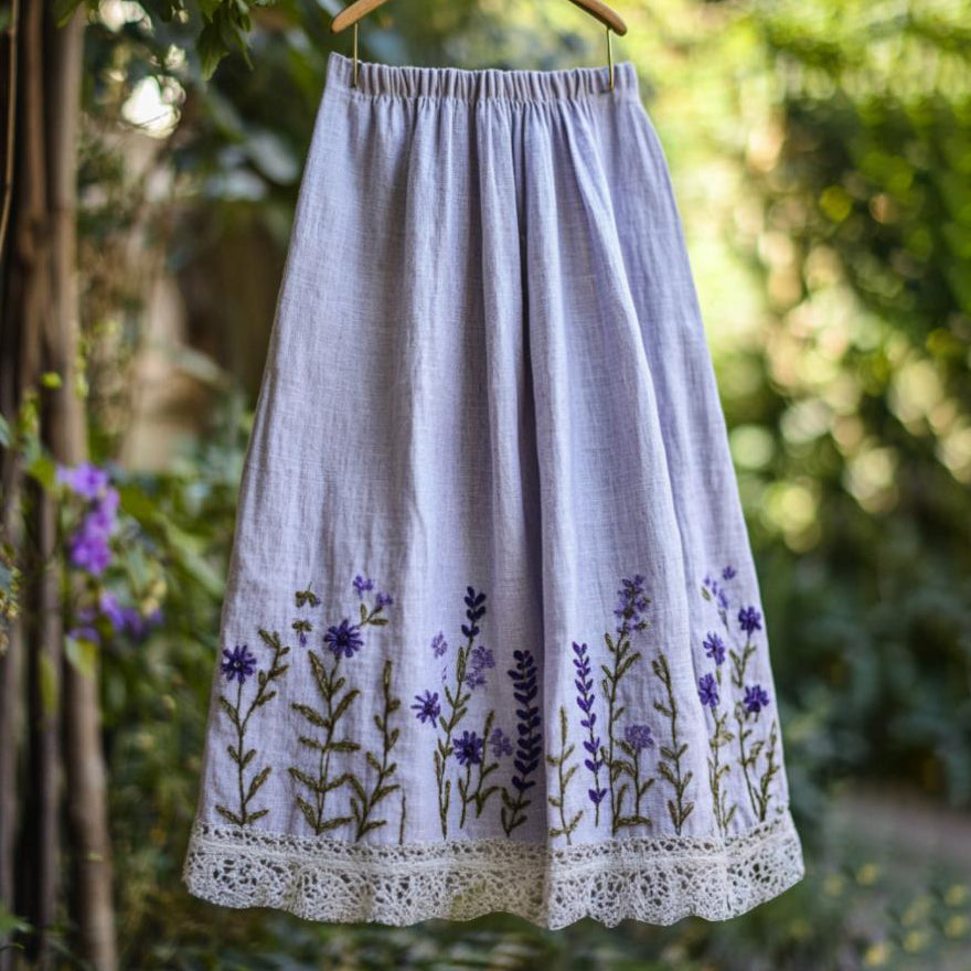 Women's Purple Lace Flowers Embroidery Art Linen Blend Skirt artswardrobe