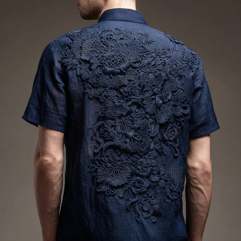 Men's Floral Lace Embroidered Casual Linen Shirt artswardrobe