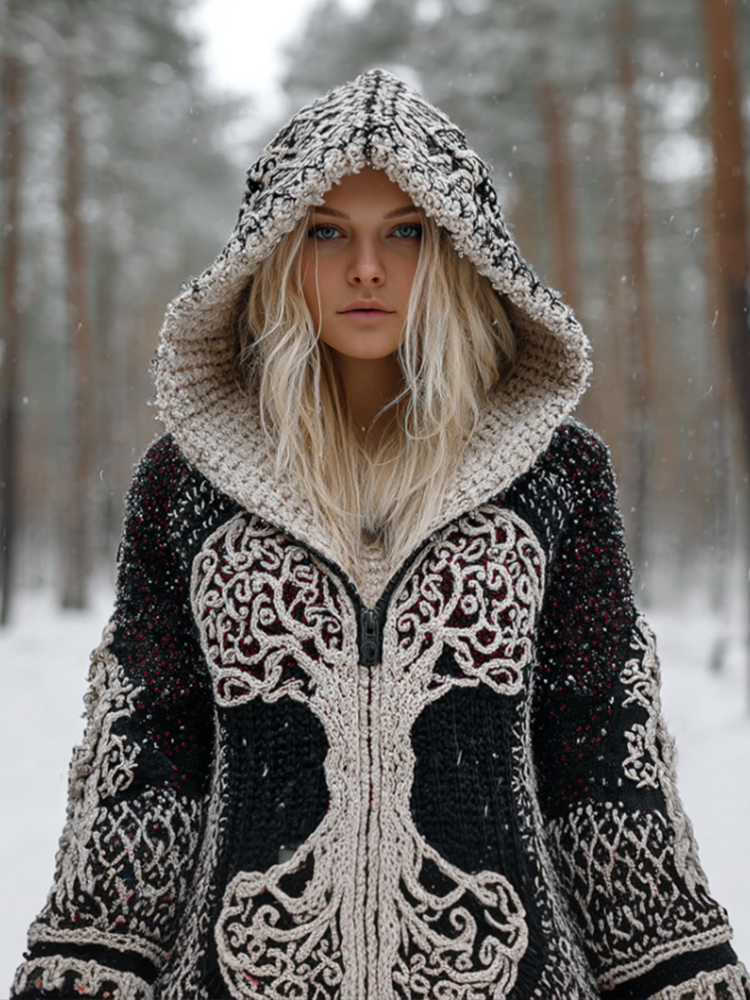 Viking Retro Style Women's Winter Warm Hooded Knit Sweater Jacket artswardrobe