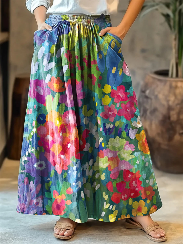 Colorful Flowers Print Women's Cotton Skirt artswardrobe