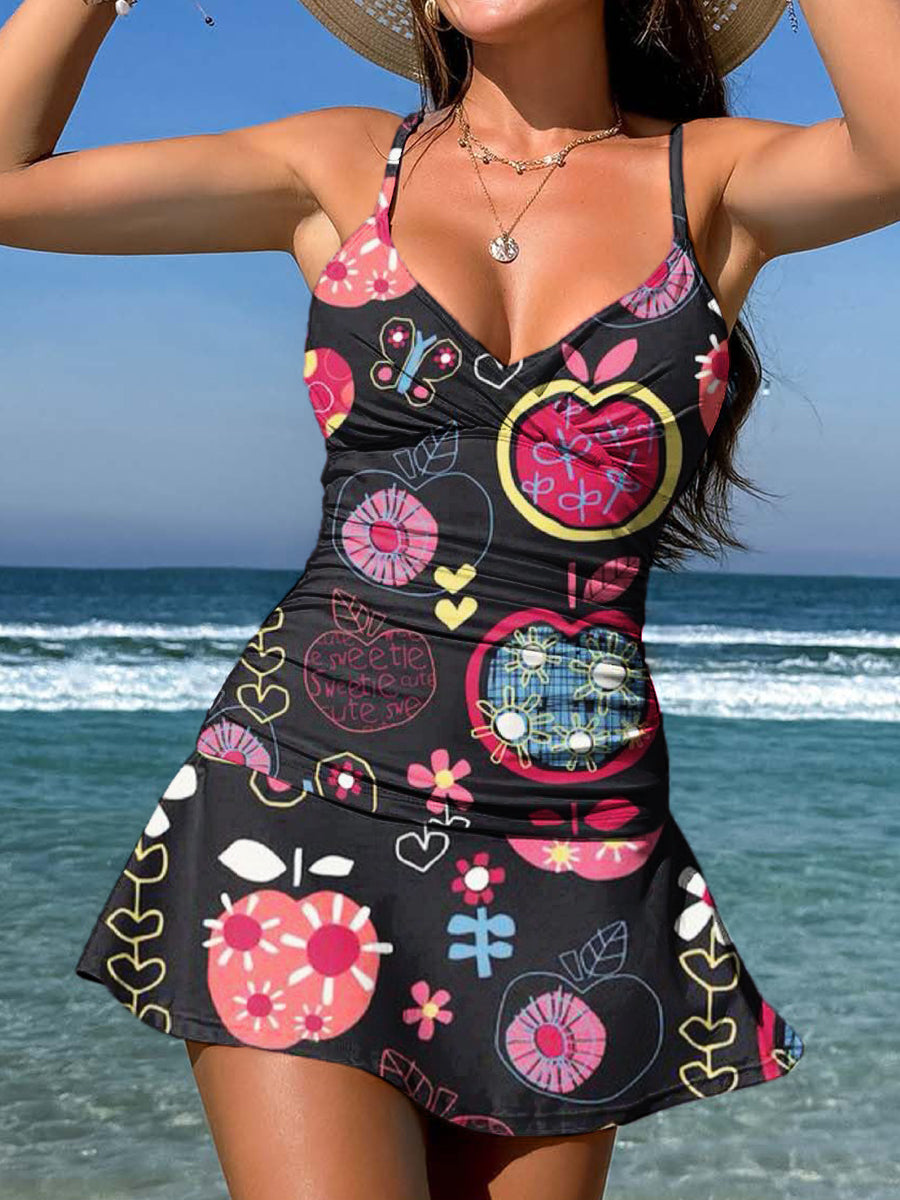 V-Neck Vintage Flowers Print Suspender Skirt Tankini Pantskirt Set Swimsuit