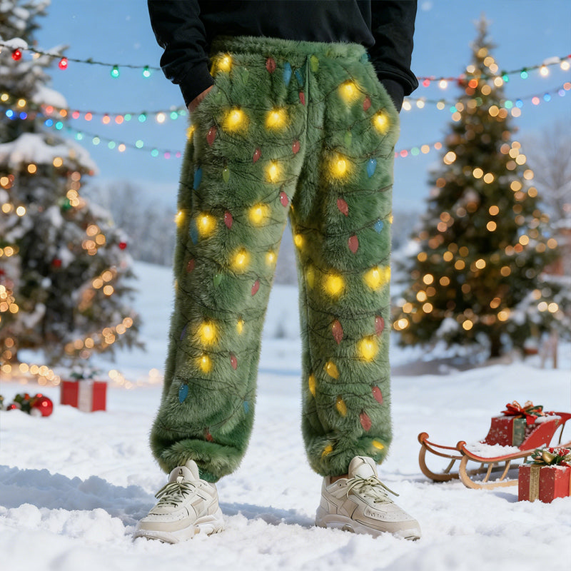 Comstylish Men's Christmas Light Bulb Pattern Flannel Pants