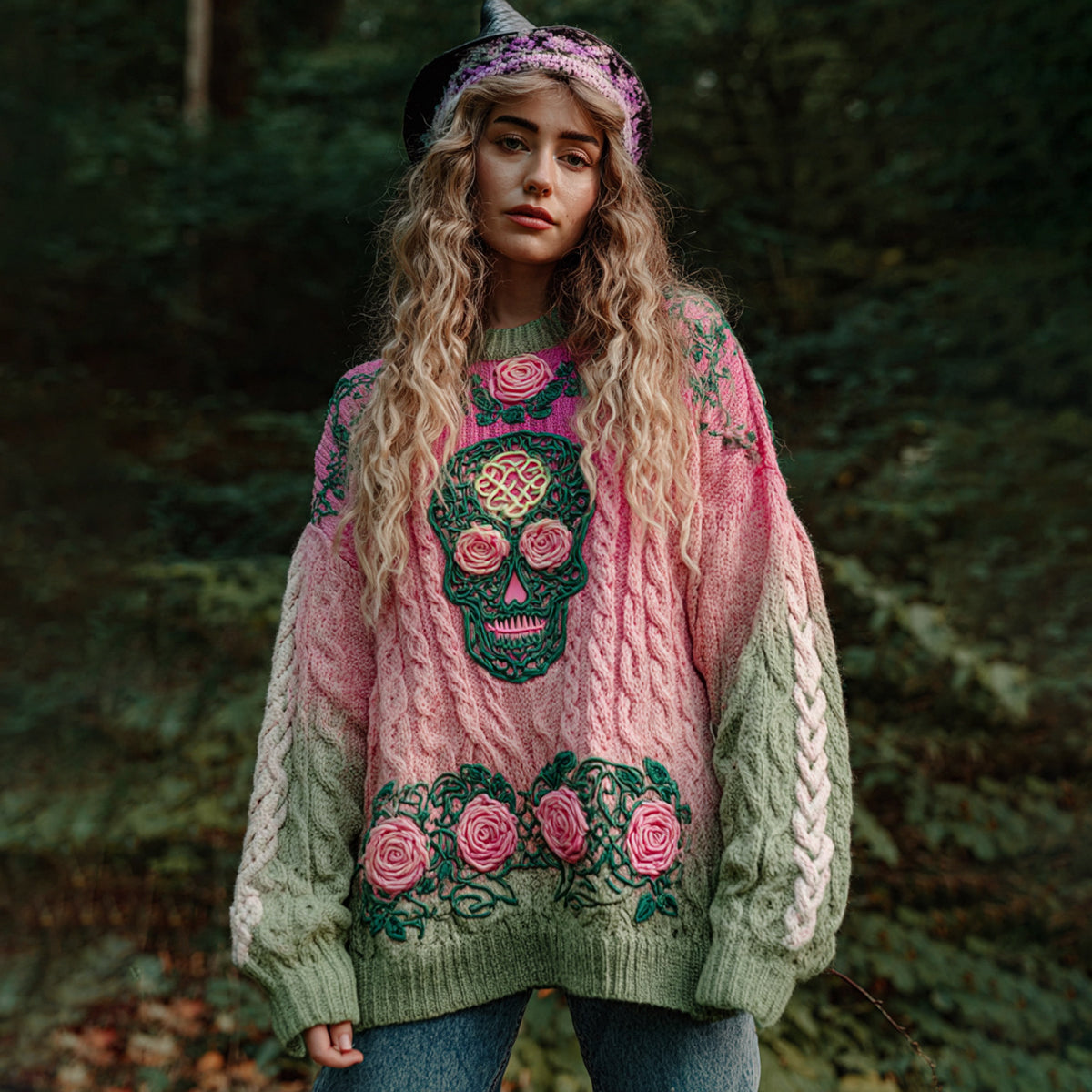 Women's Viking Tribal Jacquard Celtic With Rose And Skull Inspired Chunky Knit Round Neck Sweater elevenforest