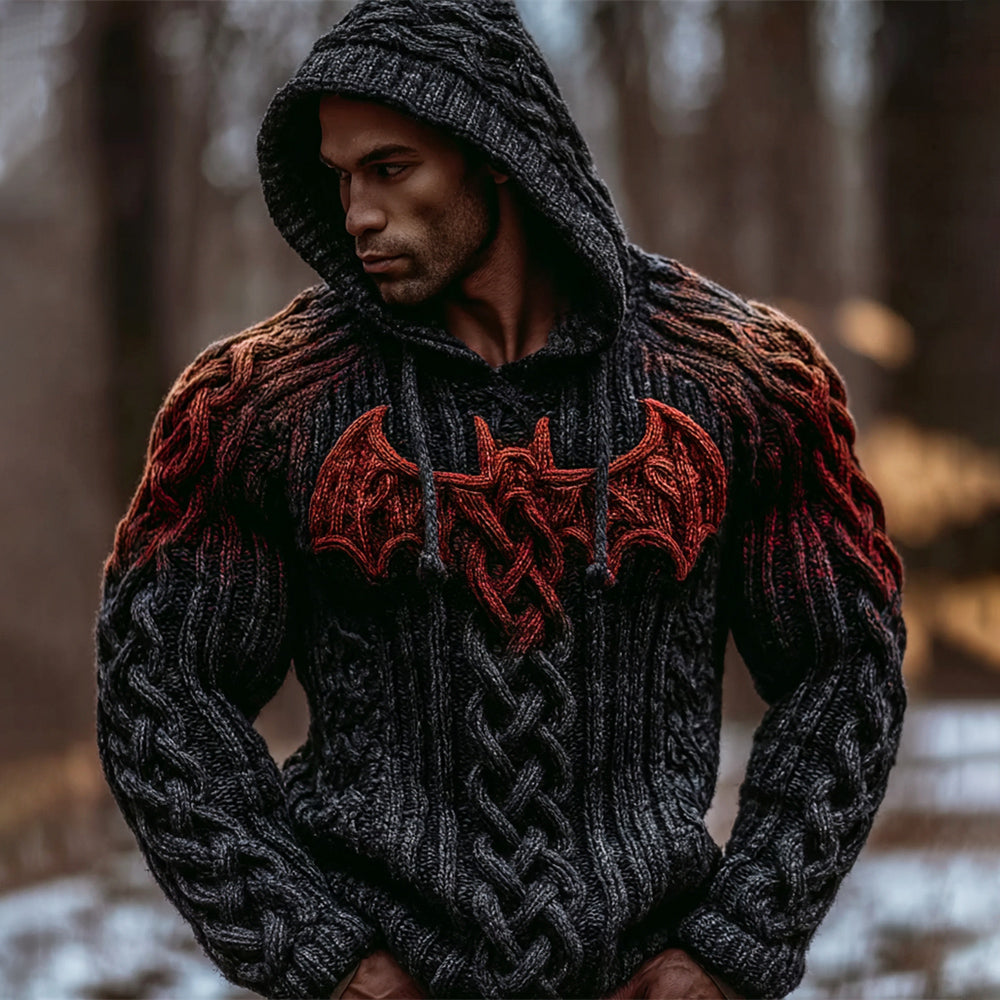 Halloween Bat Gradient Men's Chunky Knit Hooded Sweater artswardrobe