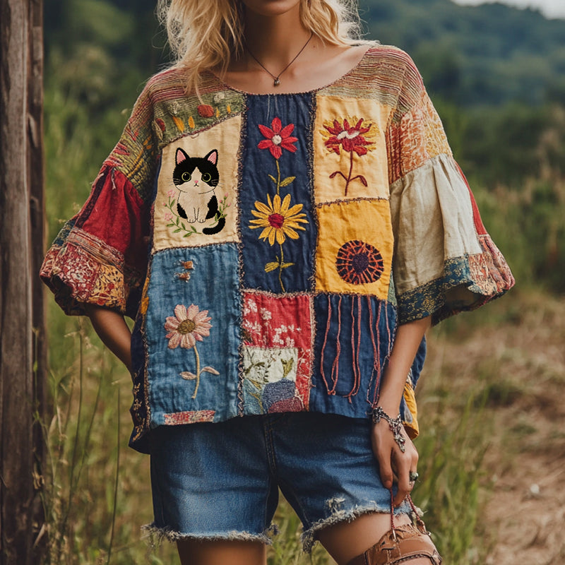 Comstylish Vintage Abstract Creative Cute Cat In Floral Art Embroidered Cozy Linen Blend T-shirt