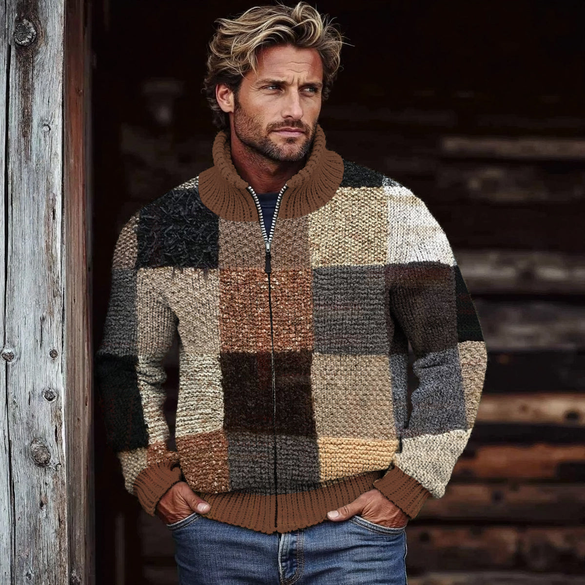 Men's Retro Colorblock Patchwork Cozy Zip Cardigan artswardrobe