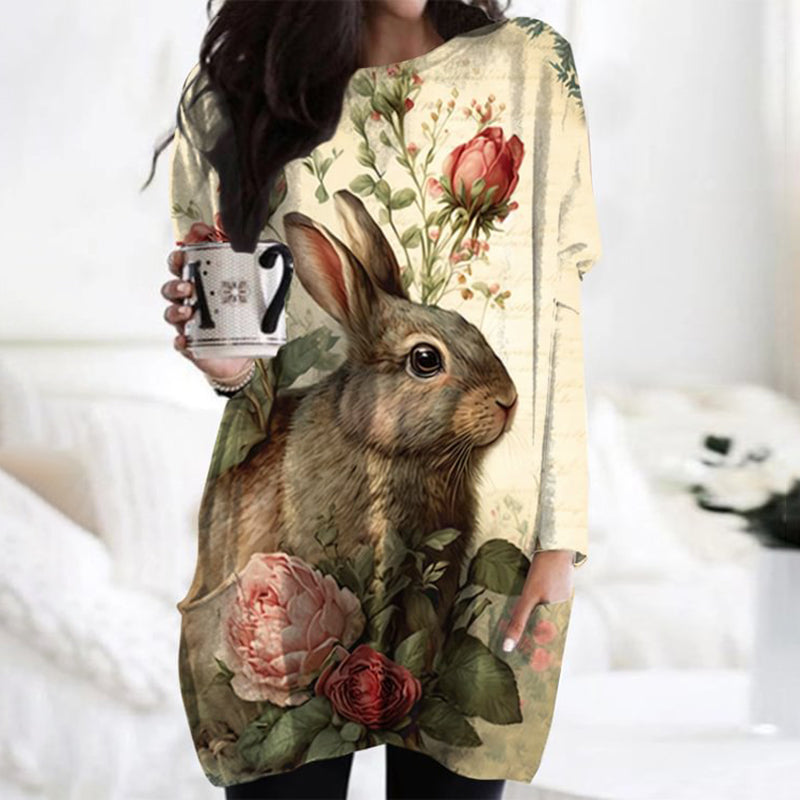 Easter Retro Cute Bunny Floral Print Tunic artswardrobe