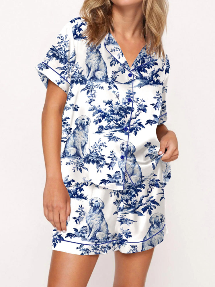 Women's Casual Golden Retriever Silky Satin Pajama Set artswardrobe