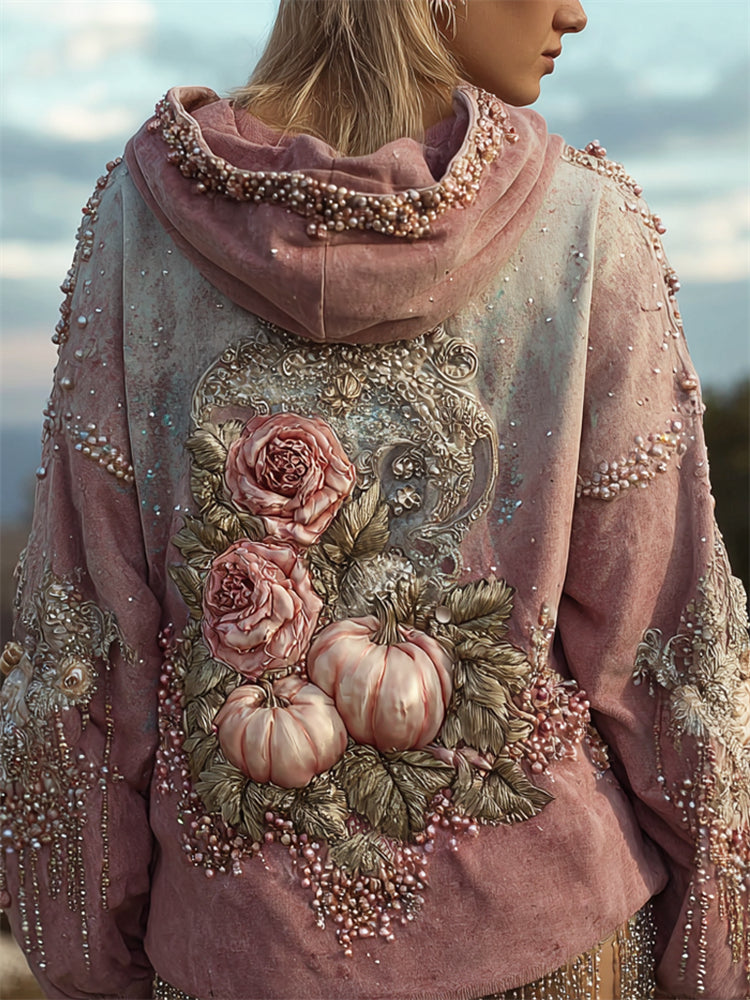 Thanksgiving Pink Pumpkins Roses Glitter Beaded Gradient Hoodie artswardrobe