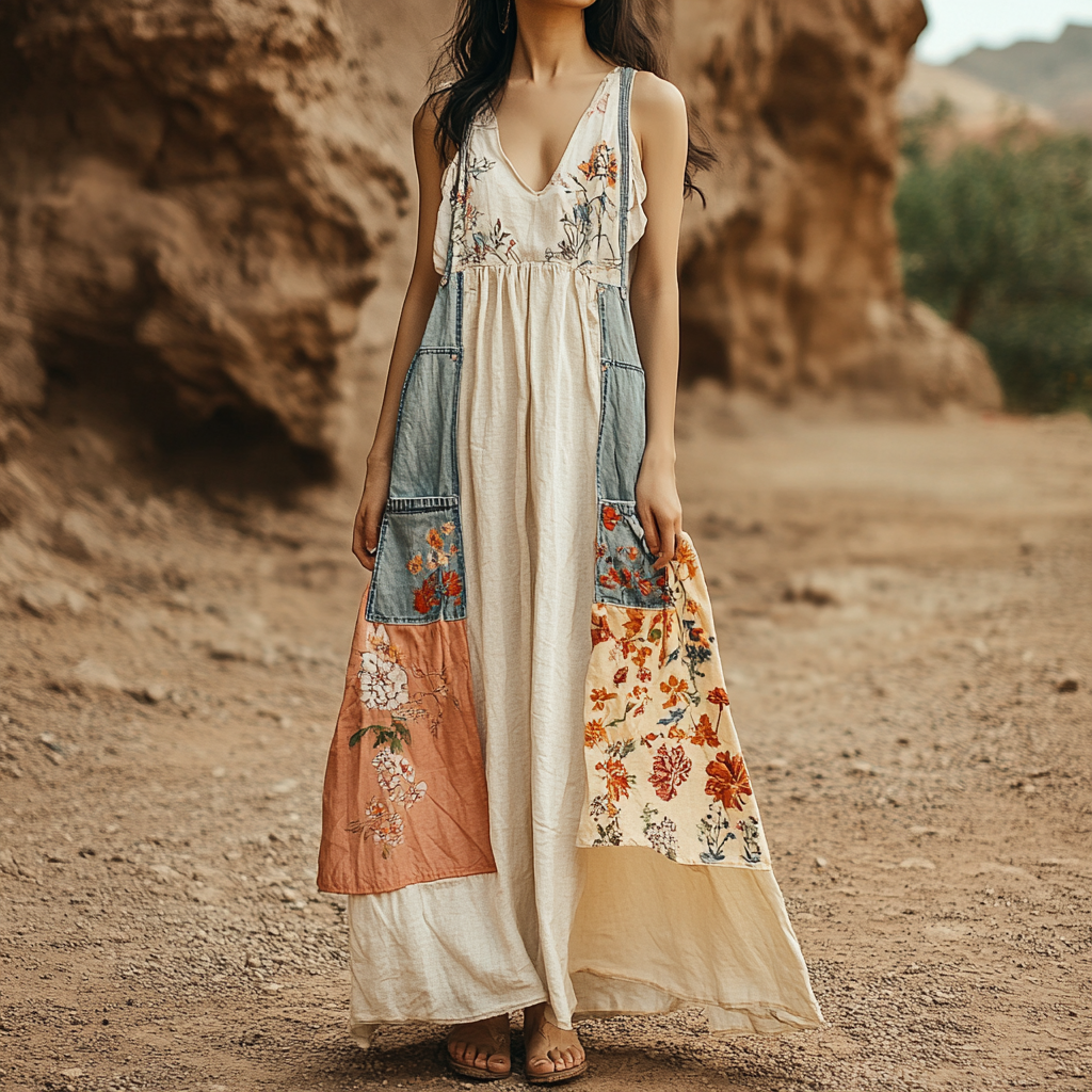 Women's Vintage Ethnic Floral Art V-neck Pocket Cotton And Linen Dress artswardrobe