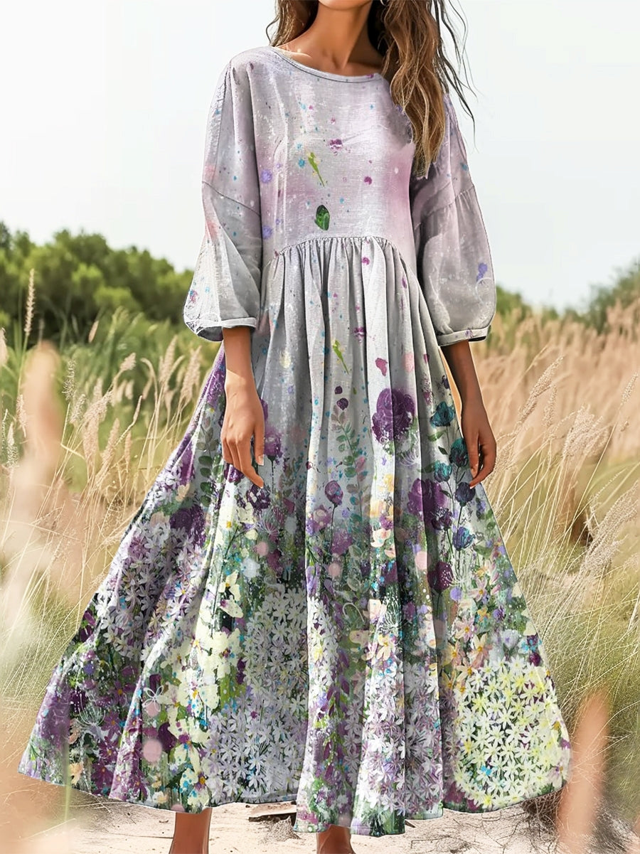 Women's Vintage Ethnic Floral Art Print Flowy Cotton Crew Neck Dress