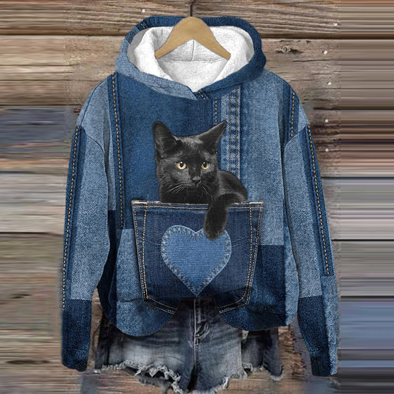 Cute Cat Denim Print Hoodie elevenforest