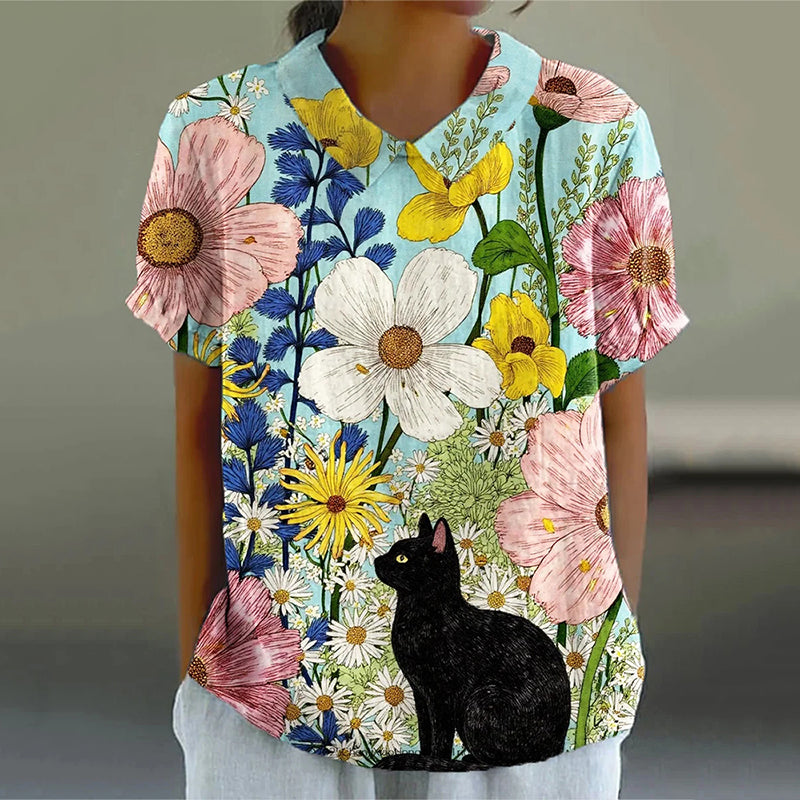 Comstylish Women's Colorful Beautiful Flowers Cats Painting Art Prints Casual Lapel Shirt