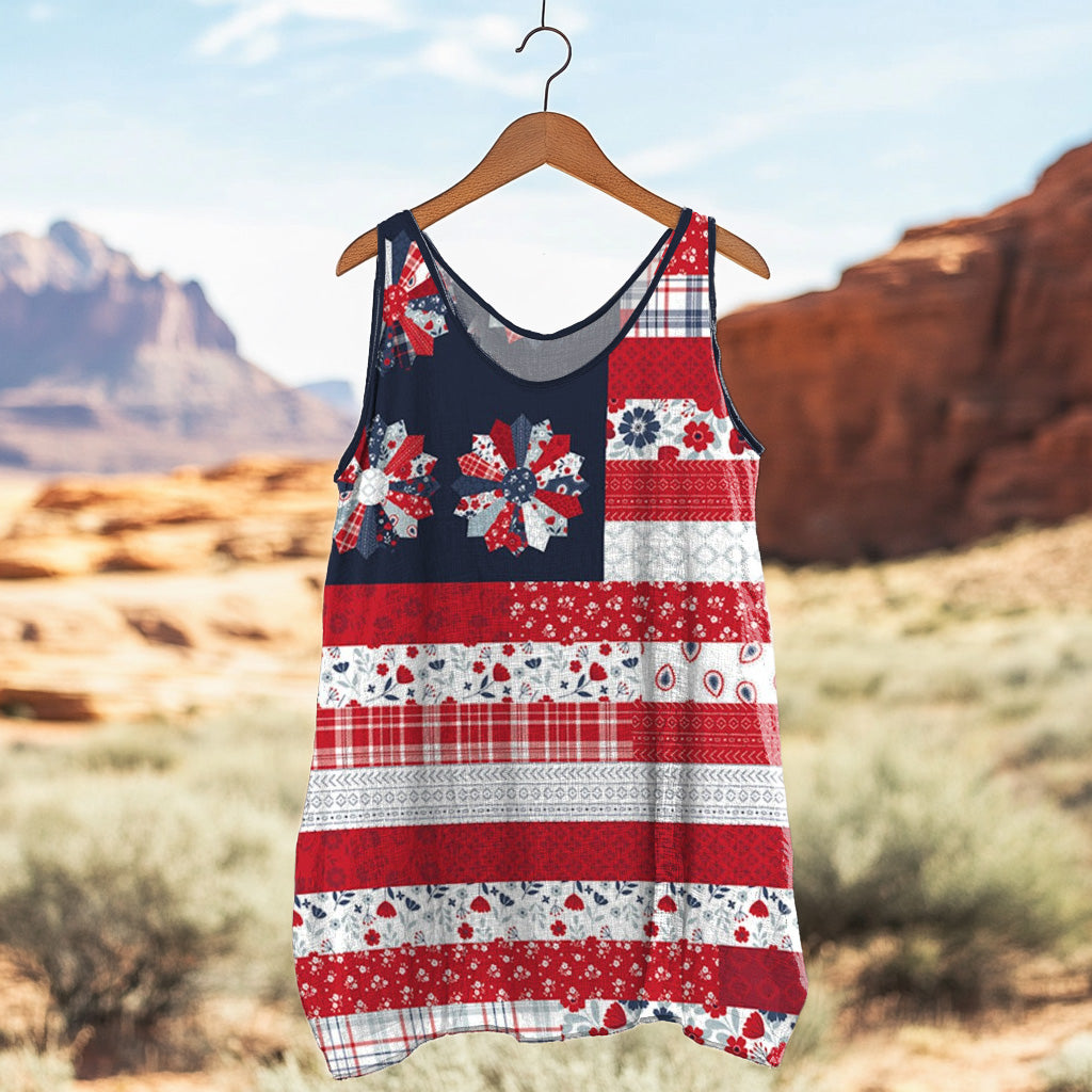 Women's Loose Independence Day American Beauty Flag Panel Linen Sleeveless Tank Top artswardrobe