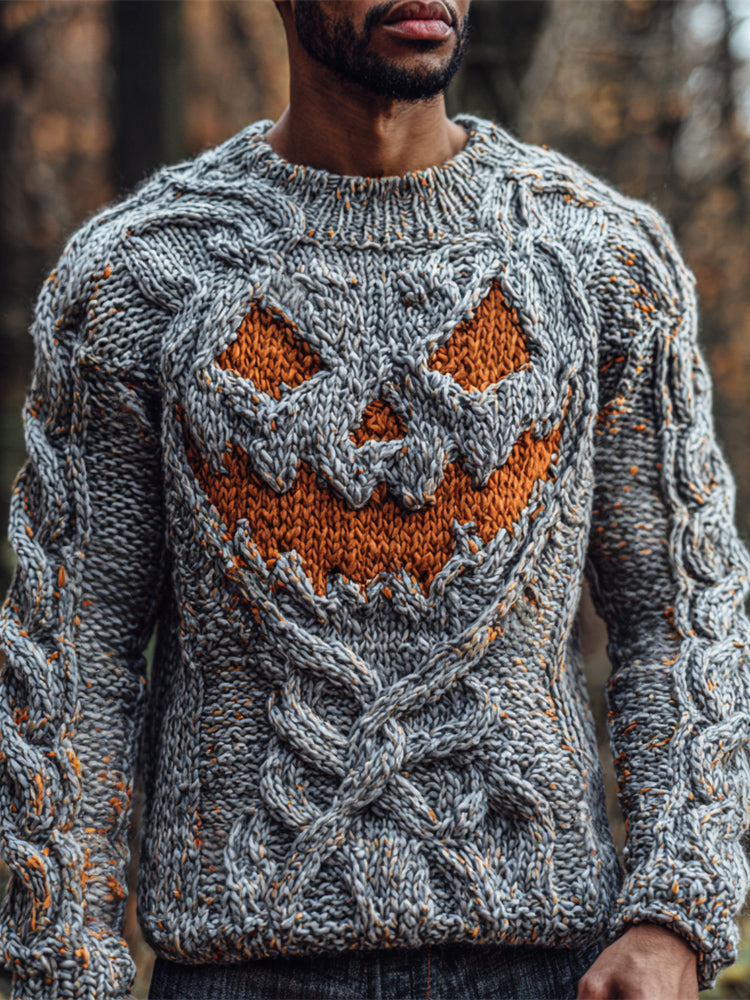 Halloween Pumpkin Light Emoji Men's Knit Crew Neck Sweater elevenforest