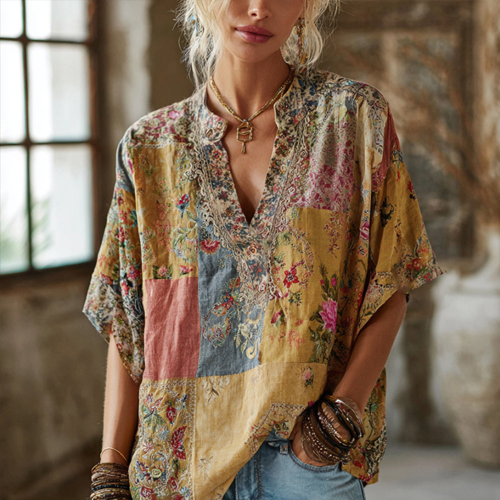 Bohemian Three-dimensional Light-colored Flower Embroidery Golden Powder Vintage V-neck Short-sleeved Shirt artswardrobe