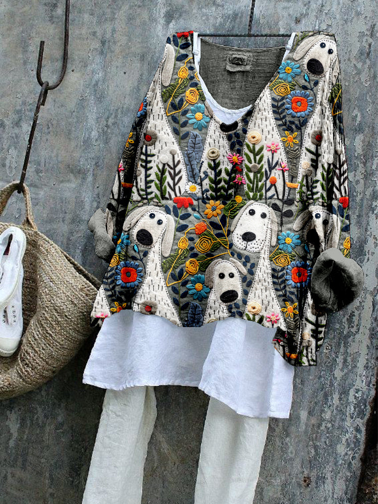 Comstylish Cute Dog & Flowers Art Linen Blend Flowy Tunic