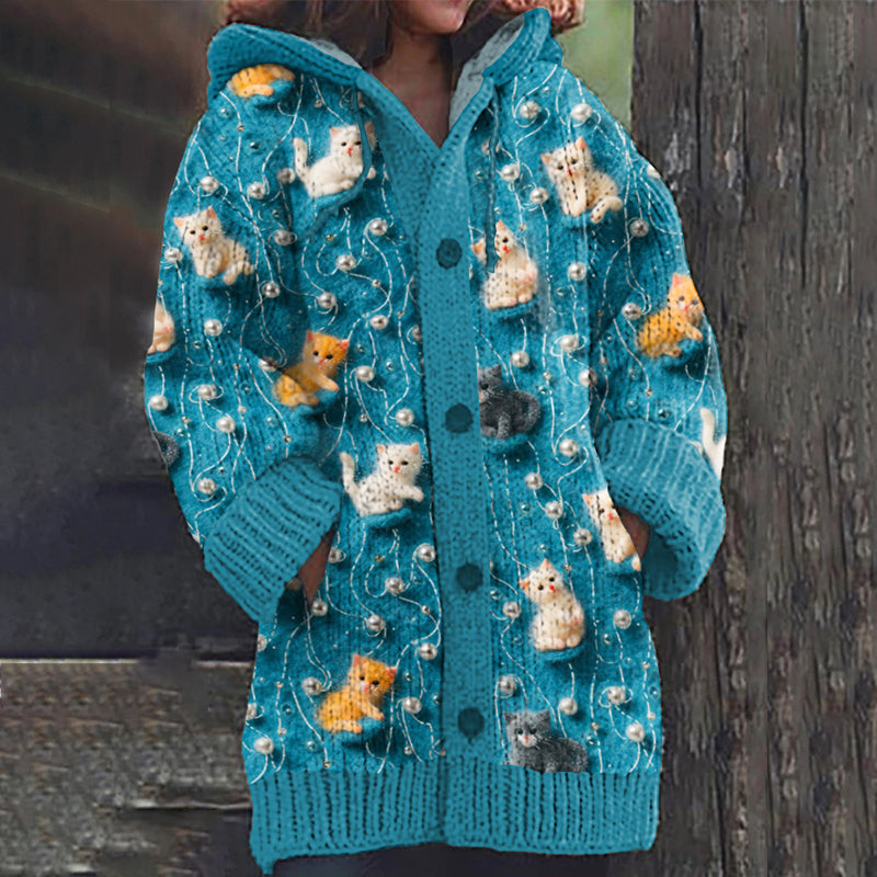 Vintage Kittens Pearl Art Graphics Women's Cardigan Sweater elevenforest