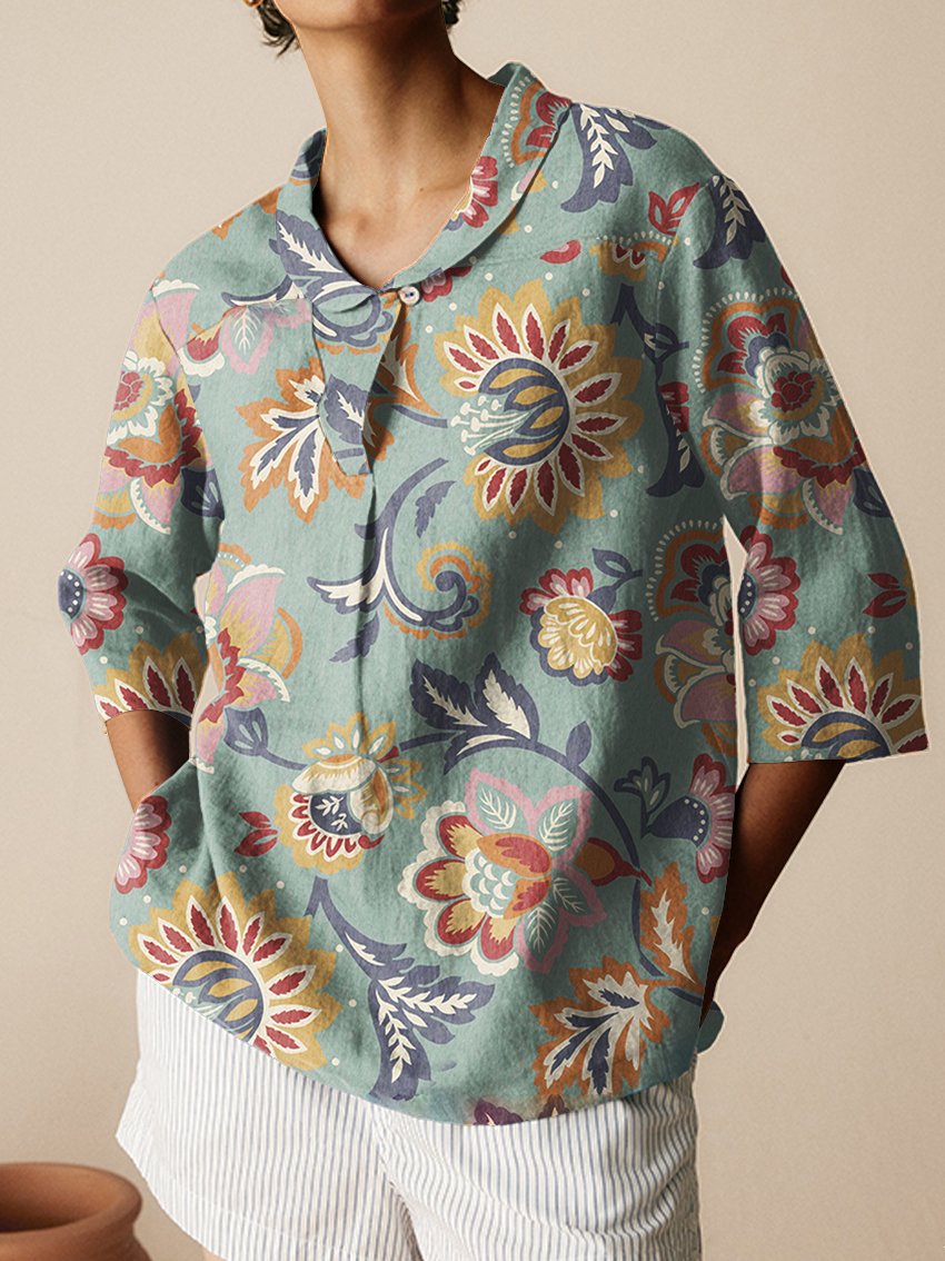 Women's Floral Art Print Casual Linen Cotton 3/4 Sleeve Shirt