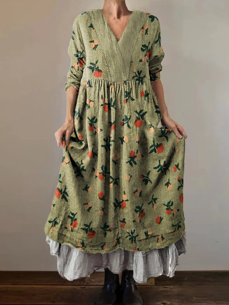 Women's Flower Art Print V-Neck Pocket Cotton Dress