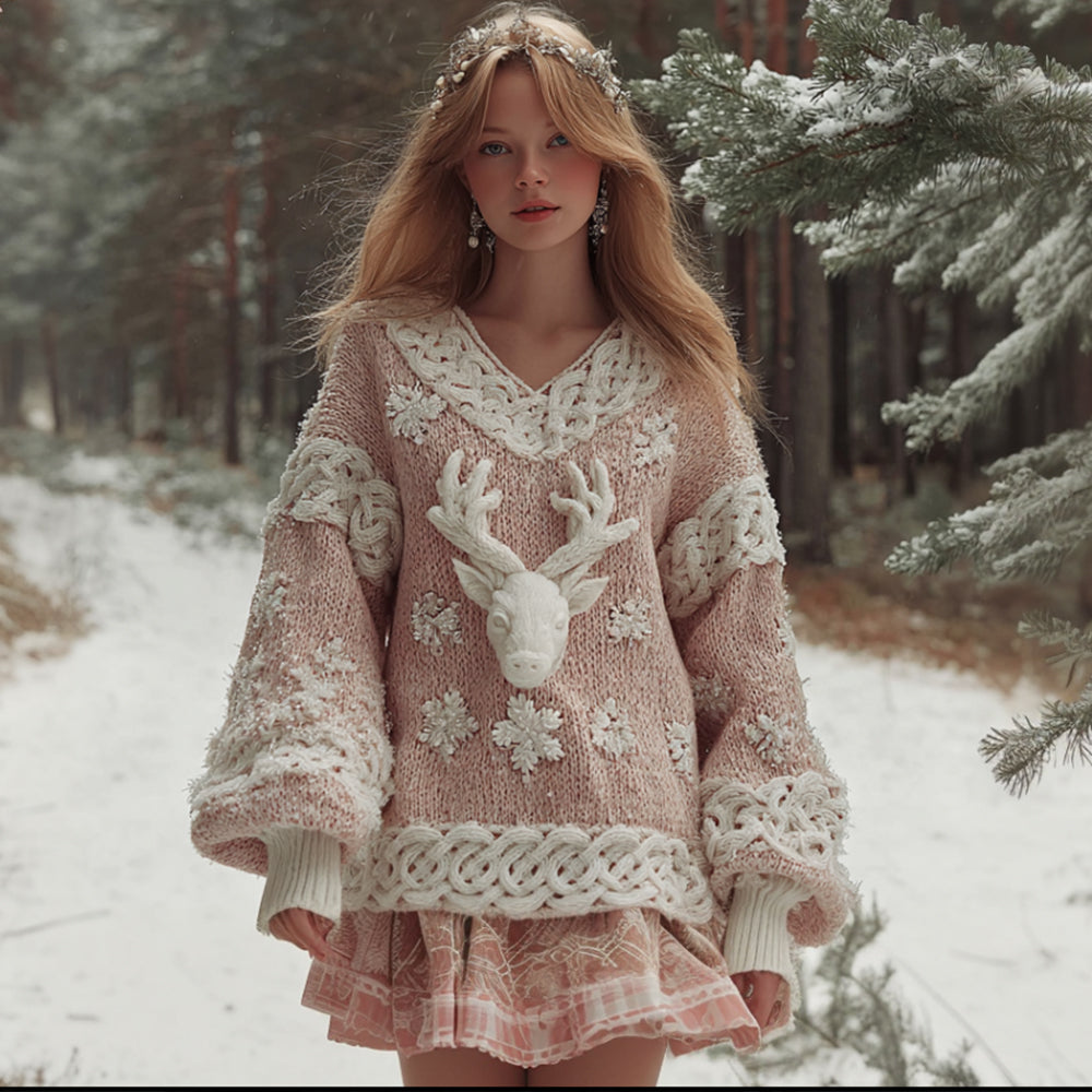 Women's Christmas Elk Pink V-neck Sweater artswardrobe