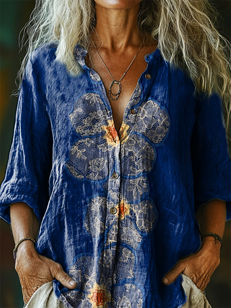 Women's Bohemian Floral Art Print Casual Cotton Linen Shirt