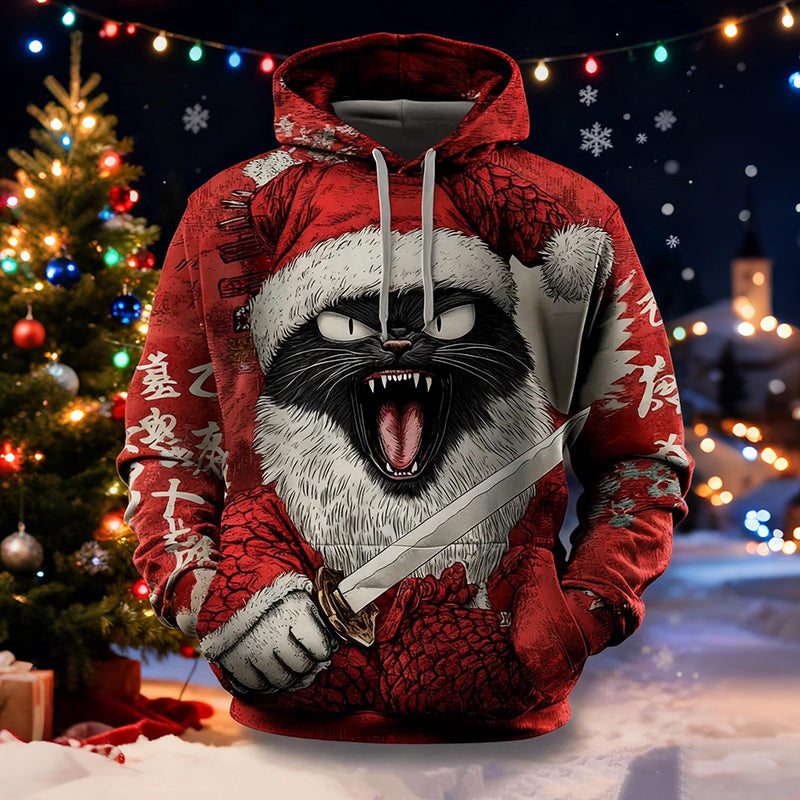 Comstylish Men's Christmas Black Cat Japanese Calligraphy Art Print Casual Hoodie
