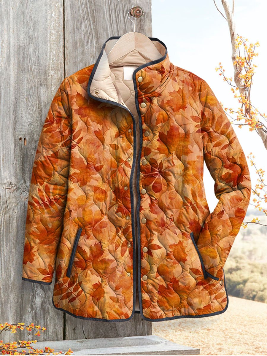 Women's Vintage Autumn Fall Leaves Art Print Casual Quilted Cardigan