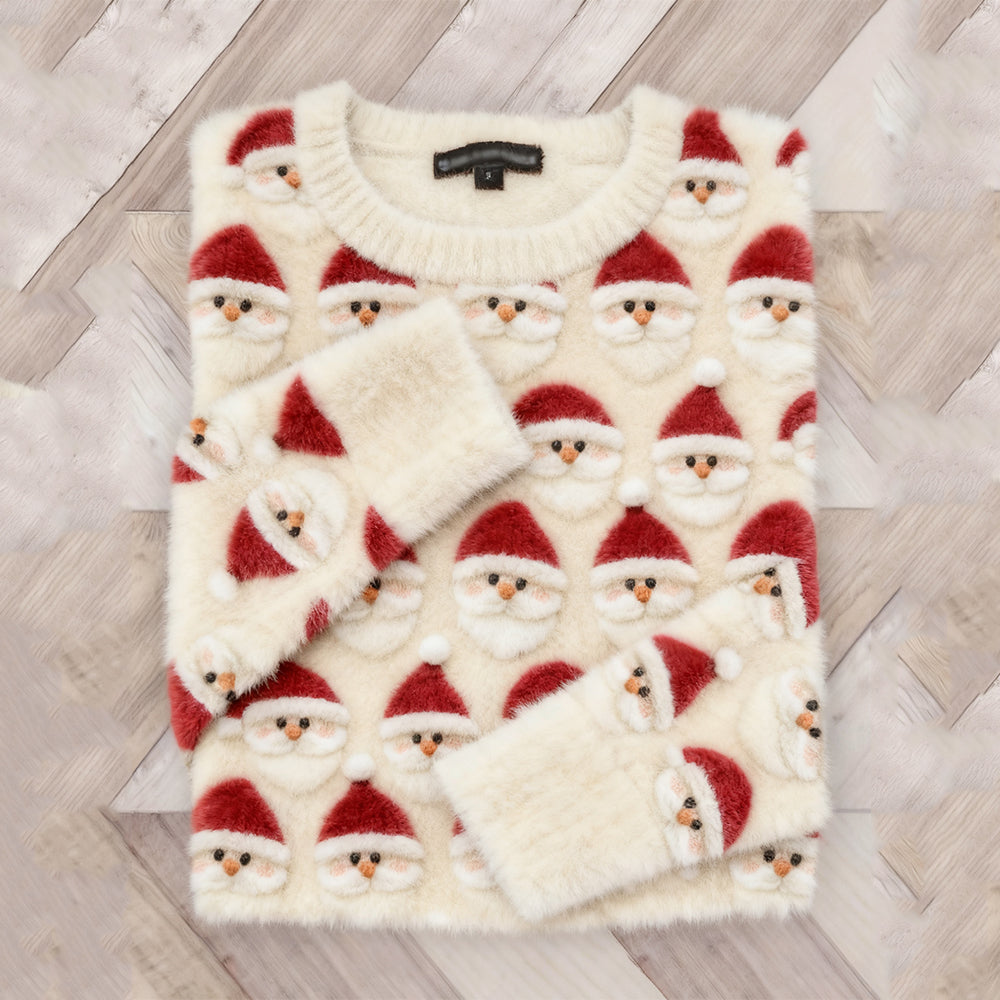 Vintage Christmas Santa Claus Embroidered Plush Sweater