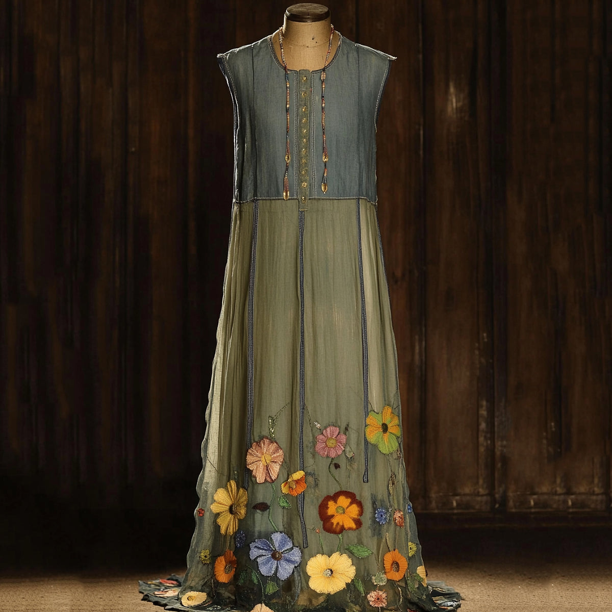 Vintage Denim Blue Chiffon Violet Embroidery Sleeveless Dress artswardrobe