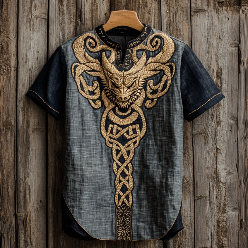 Men's Viking Tribal Dragon With Celtic Knotwork Embroidery Art Linen Round Neck T-shirt artswardrobe
