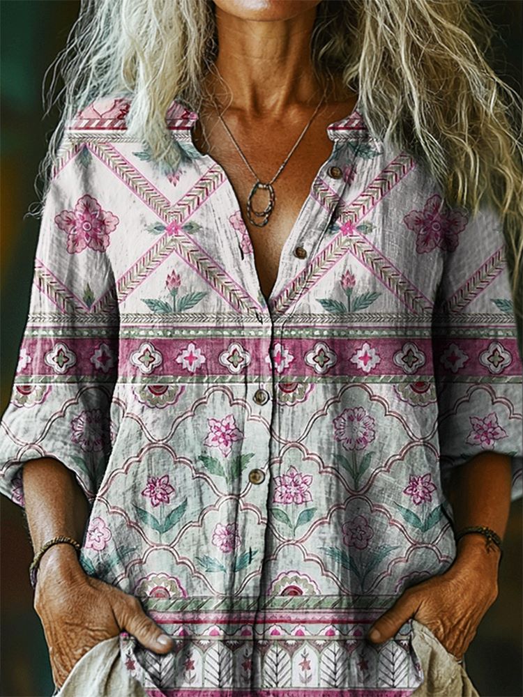 Women's Vintage Ethnic Floral Tattoo Pattern Art Print Casual Cotton L