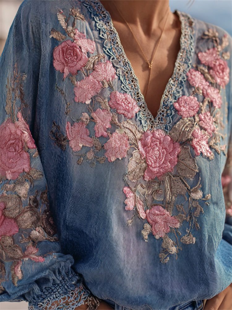 Comstylish Boho Pink Roses Embroidered Denim Blue Tunic
