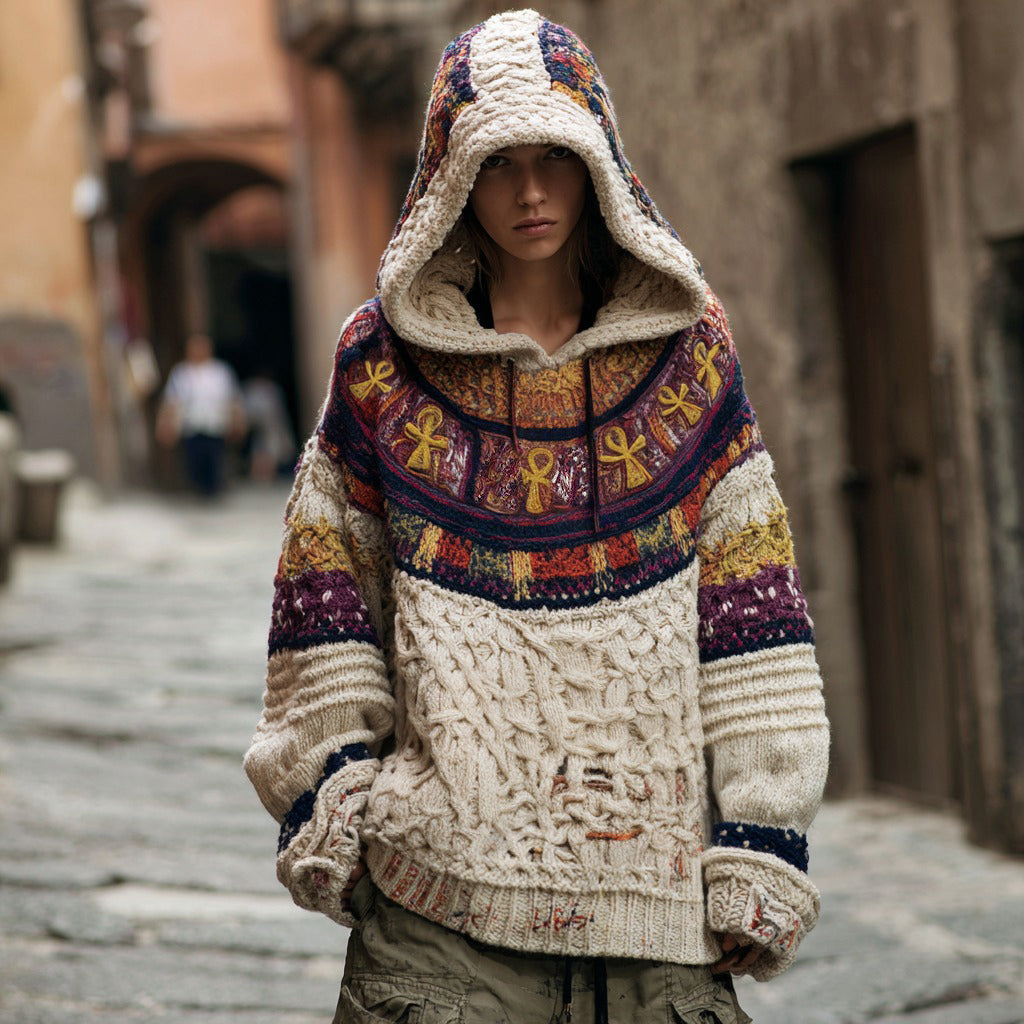 Women's Ancient Egyptian Ankh Geometric Knitted Jacquard Hooded Sweater artswardrobe