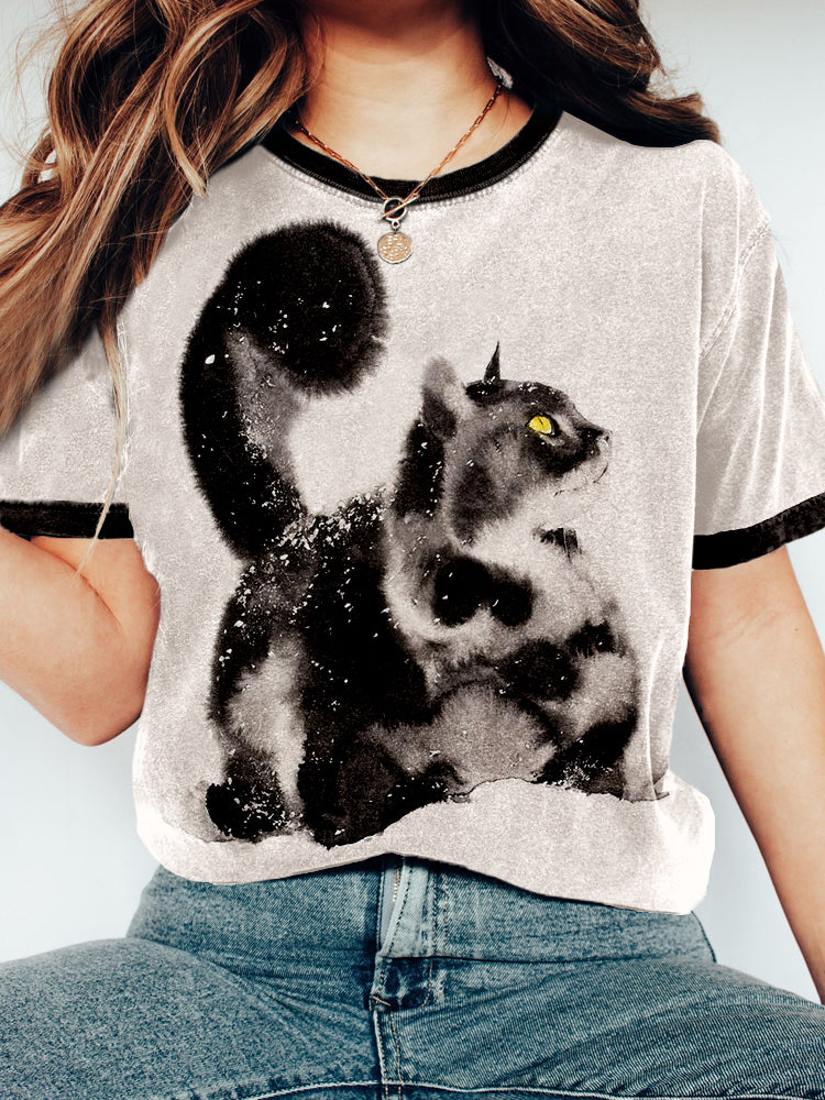 Cute Cat Ink Art Vintage Washed T Shirt elevenforest