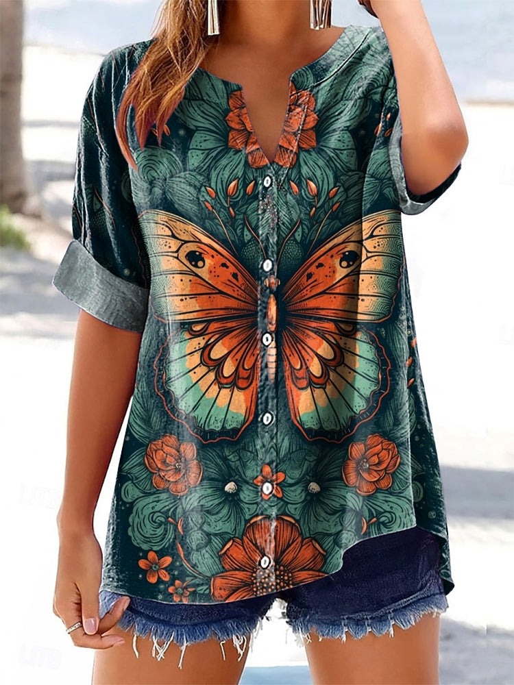 Women's Butterfly Floral Pattern Art Print Cotton Linen Casual Shirt