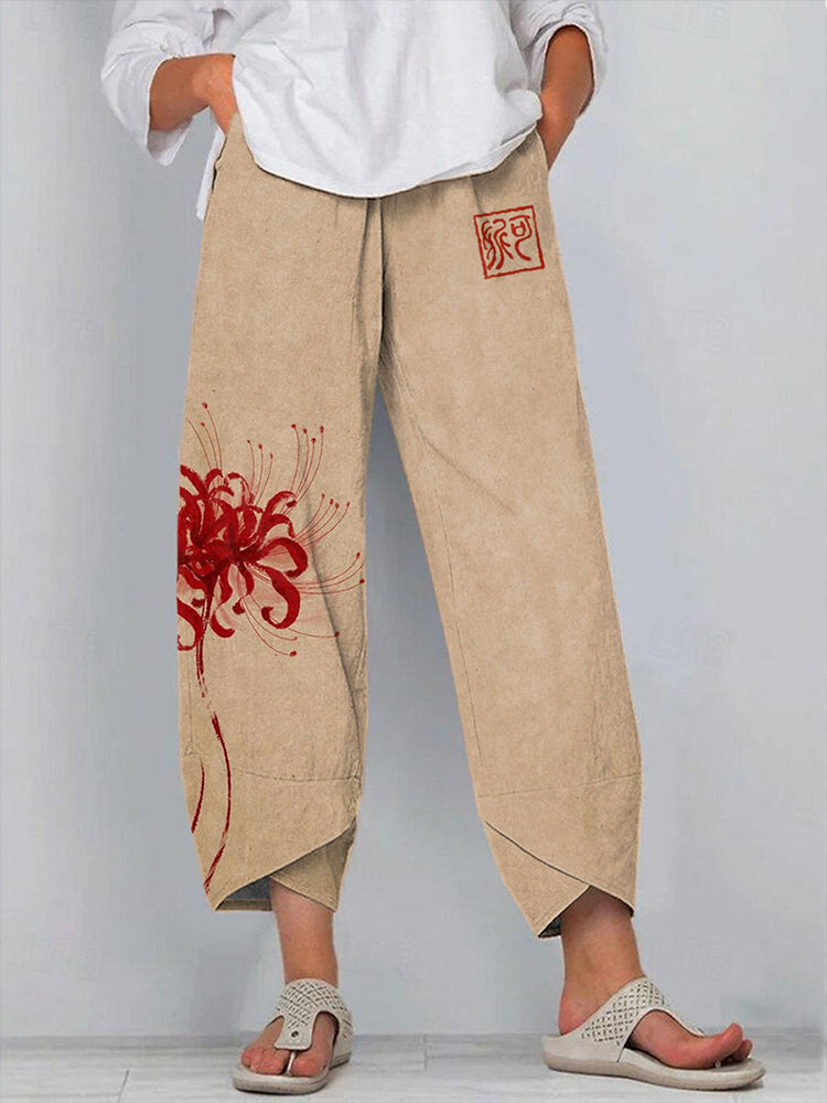 Japanese Art Floral Print Linen Blend Pants artswardrobe