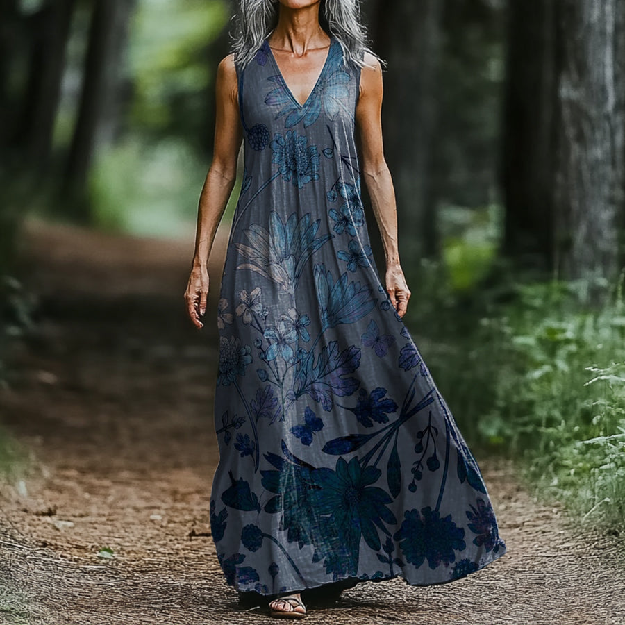 Women's Retro Ethnic Floral Print V-neck Sleeveless Pocket Cotton Dres