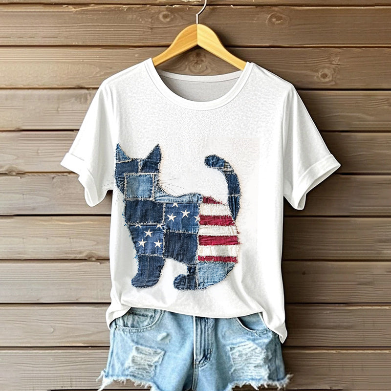 Comstylish Cat Silhouette American Flag Denim Patchwork T Shirt