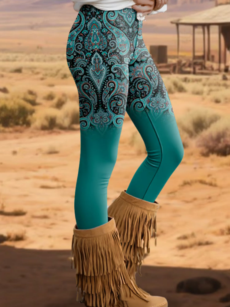 Western Retro Floral Print Leggings artswardrobe